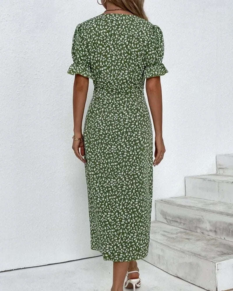 Timya - Schickes Wickel-Midikleid mit Blumenmuster und Knopfdetail | Elegantes Kleid mit V-Ausschnitt und Blumendruck