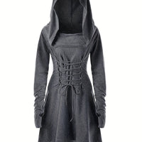 Damen Halloween-Kleid mit Kapuze | Schnürung & Asymmetrischer Saum in Dunkelgrau