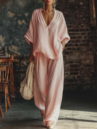 Jula | Zweiteiler mit V-Ausschnitt-Shirt und Hose in Rosa