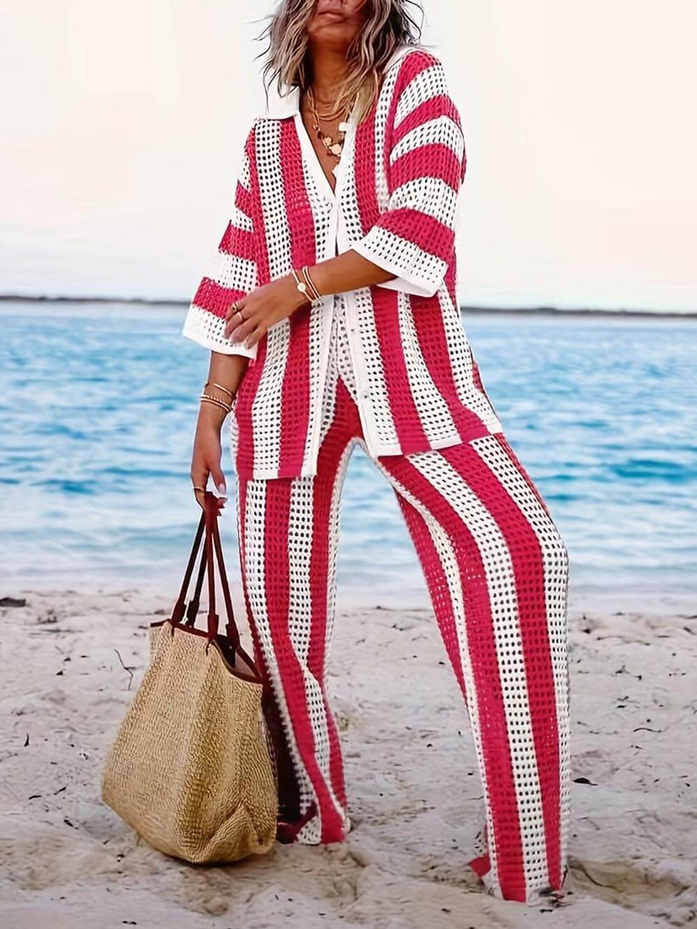 Alicia - Trendiges zweiteiliges Set aus gestreiftem Hemd und Hose