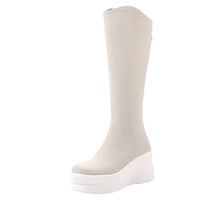 Damen Plateau-Stiefel Schwarz – Kniehohe Kunstlederstiefel mit Keilabsatz für Herbst und Winter in Beige