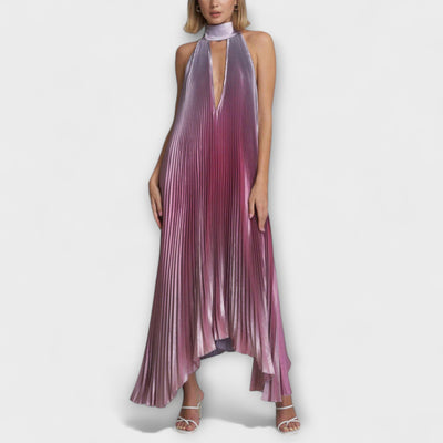 Vida - Schickes Plissiertes Halterneck Rückenfreies Midi-Kleid mit Trägerdesign