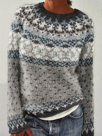 Norweger Grobstrickpullover | Langarm mit Retro Geometrischem Muster in Grau