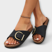 Margie - Damen Kork Pantoletten mit Schnallenriemen Design in Schwarz