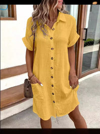 Buttoned Short Sleeve Pocket Casual Shirt Dress in Gelb