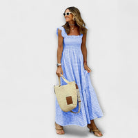 Kariertes Maxikleid mit Rüschensleeves in Blau