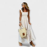 Kariertes Maxikleid mit Rüschensleeves in Beige