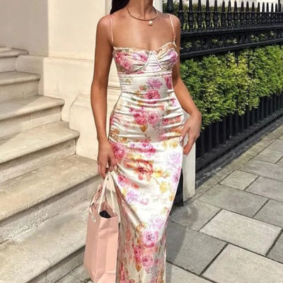 Fiona - Satin Midikleid mit Floralem Bustier