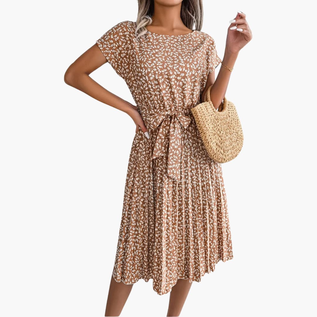 Sommerkleid Damen - Blumenkleid mit Gürtel und Kurzarm