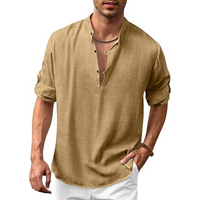 Herren Langarm Shirt mit V-Ausschnitt | Lockeres Freizeithemd mit Knöpfen in Khaki