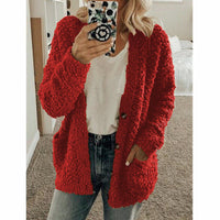 Teddy Damen Fleecejacke Mit Kapuze | Flauschiger Wintermantel in Rot