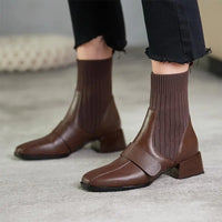 Damen-Stiefeletten mit elastischem Strickschaft – Modische Sock-Boots mit Blockabsatz in Braun