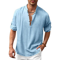 Herren Langarm Shirt mit V-Ausschnitt | Lockeres Freizeithemd mit Knöpfen in Blau