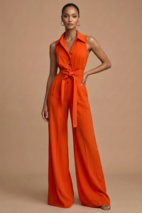 Grace | Kragen Weites Bein Jumpsuit in Orange