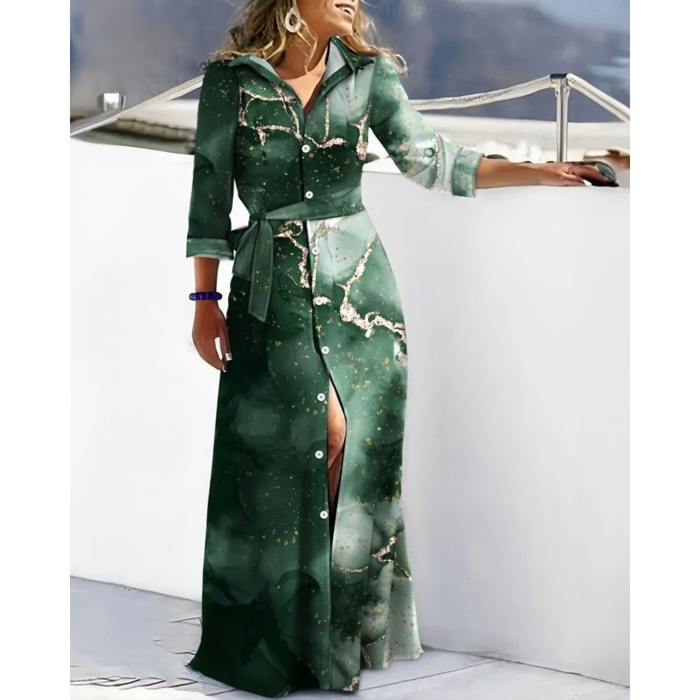 Bienna – winddichtes Hemdkleid mit grünem Gürteldruck