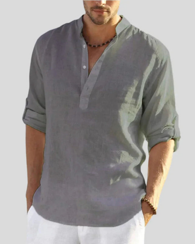 Herren Langarmhemd mit Stehkragen | Lockeres Freizeithemd mit Knöpfen