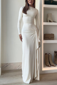 Blanc™ - Maxikleid mit langen Ärmeln, Drapierung und Schlitz für Partys in Creme
