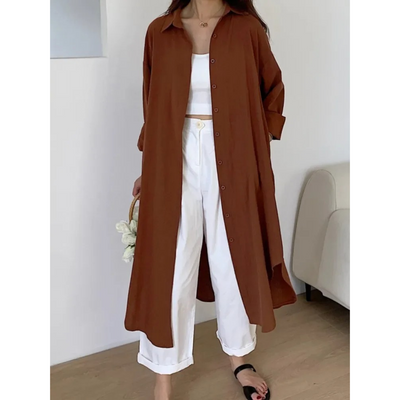 Astrid - Vintage Leinen-Baumwoll-Blusenkleid in mittlerer Länge