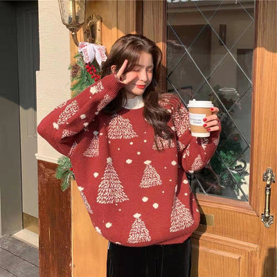 Roter Weihnachtsbaum Jacquard Pullover für Damen