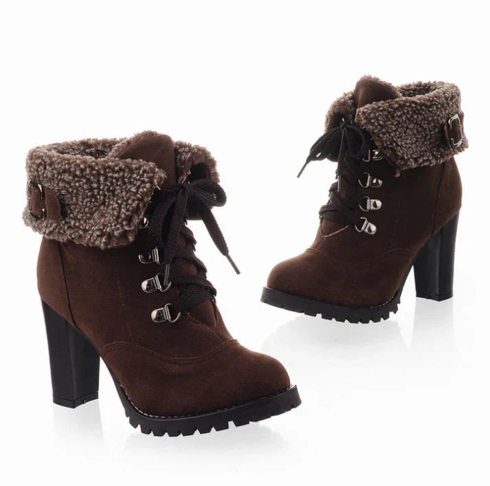 Damen Schnürstiefeletten – Gefütterte Ankle Boots mit Hohem Absatz und Fleece-Futter