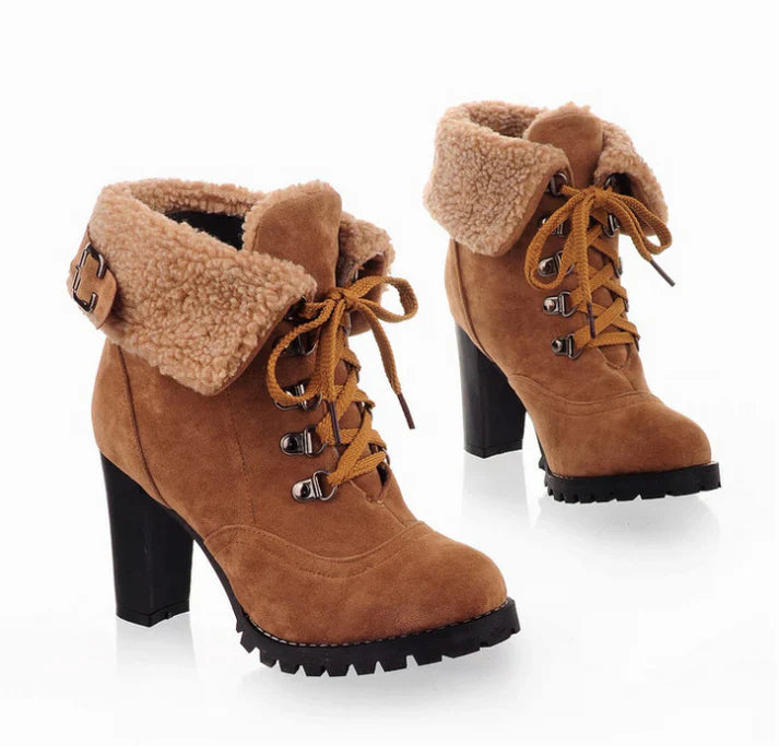 Damen Schnürstiefeletten – Gefütterte Ankle Boots mit Hohem Absatz und Fleece-Futter