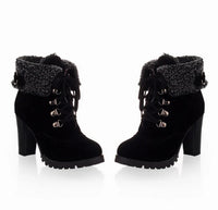 Damen Schnürstiefeletten – Gefütterte Ankle Boots mit Hohem Absatz und Fleece-Futter in Schwarz
