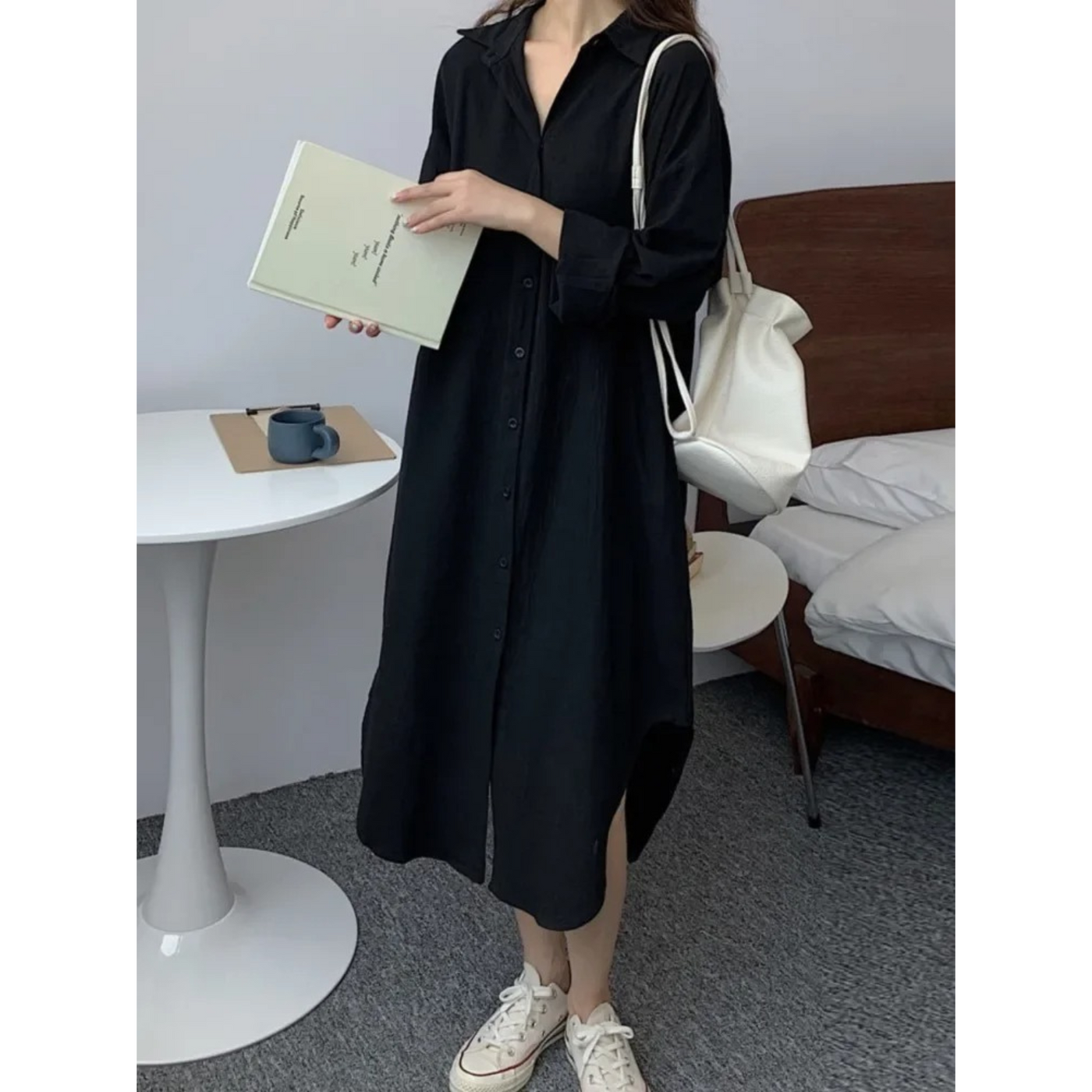 Astrid - Vintage Leinen-Baumwoll-Blusenkleid in mittlerer Länge