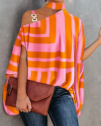 Damen Elegantes Bedrucktes Oberteil | Festliche Oberteile Damen in Orange-rosa gestreift