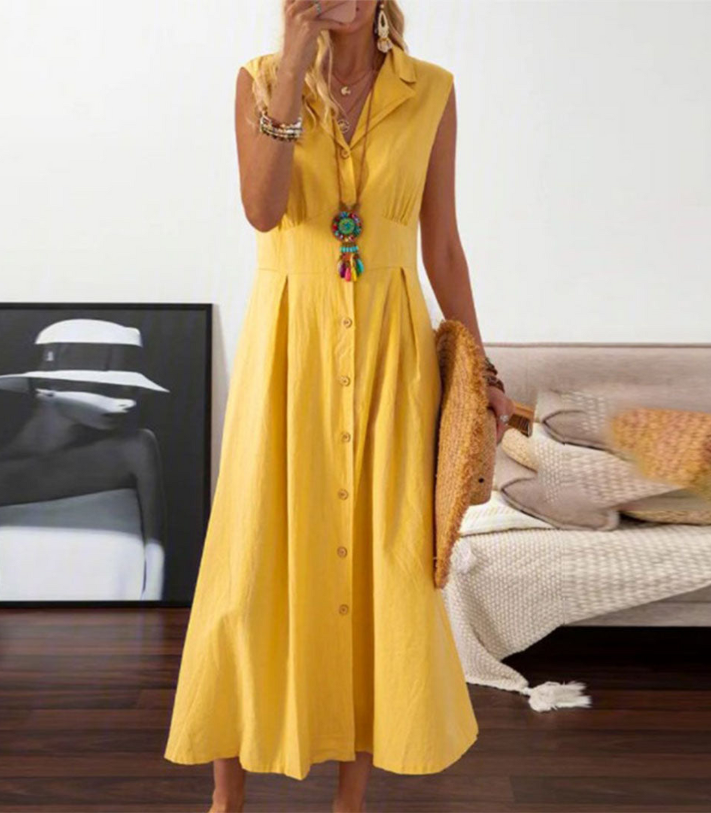Damen ärmelloses Midikleid mit Knopfleiste für den Sommer