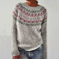 Norweger Grobstrickpullover Damen | Rundhals Langarm Strick in Hellgrau