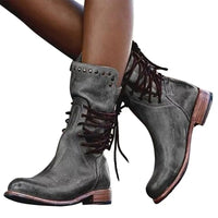 Damen Lederstiefeletten – Vintage Schnürstiefel mit Nieten und Flachem Absatz aus Echtleder in Grau
