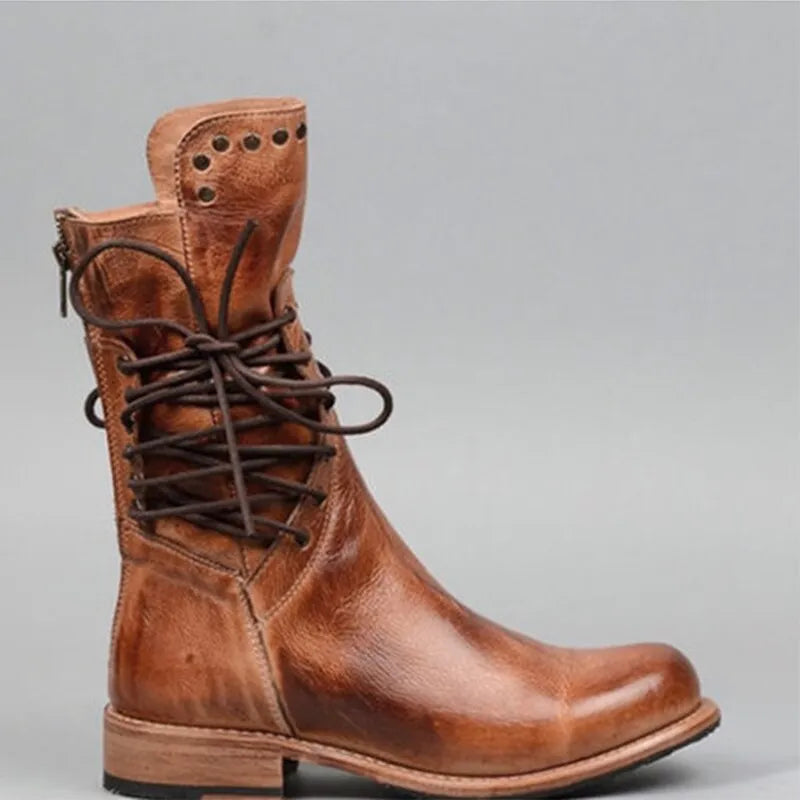 Damen Lederstiefeletten – Vintage Schnürstiefel mit Nieten und Flachem Absatz aus Echtleder