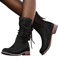 Damen Lederstiefeletten – Vintage Schnürstiefel mit Nieten und Flachem Absatz aus Echtleder in Schwarz