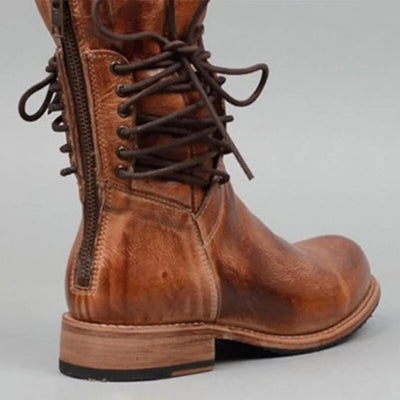 Damen Lederstiefeletten – Vintage Schnürstiefel mit Nieten und Flachem Absatz aus Echtleder