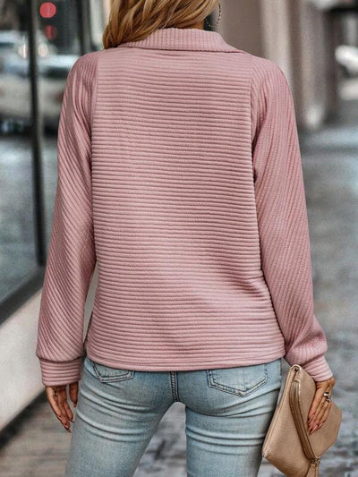 Damen Rippstrickpullover mit halbem Reißverschluss – Lässiger, gemütlicher Strick-Sweater in Rosa