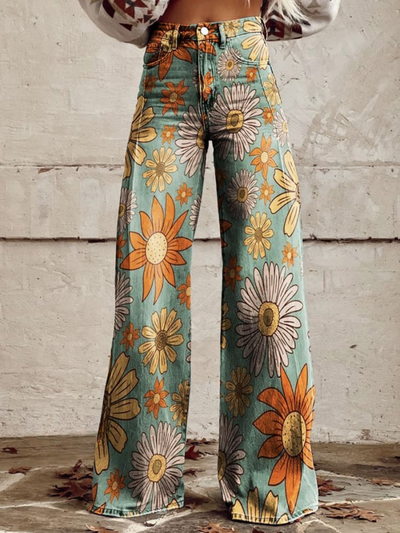 Hochgeschnittene Jeans mit Blumenmuster für Damen