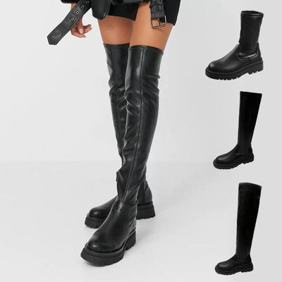 Schwarze Overknee-Stiefel für Damen – Lederoptik mit Blockabsatz, Trendige Herbst- und Winterstiefel