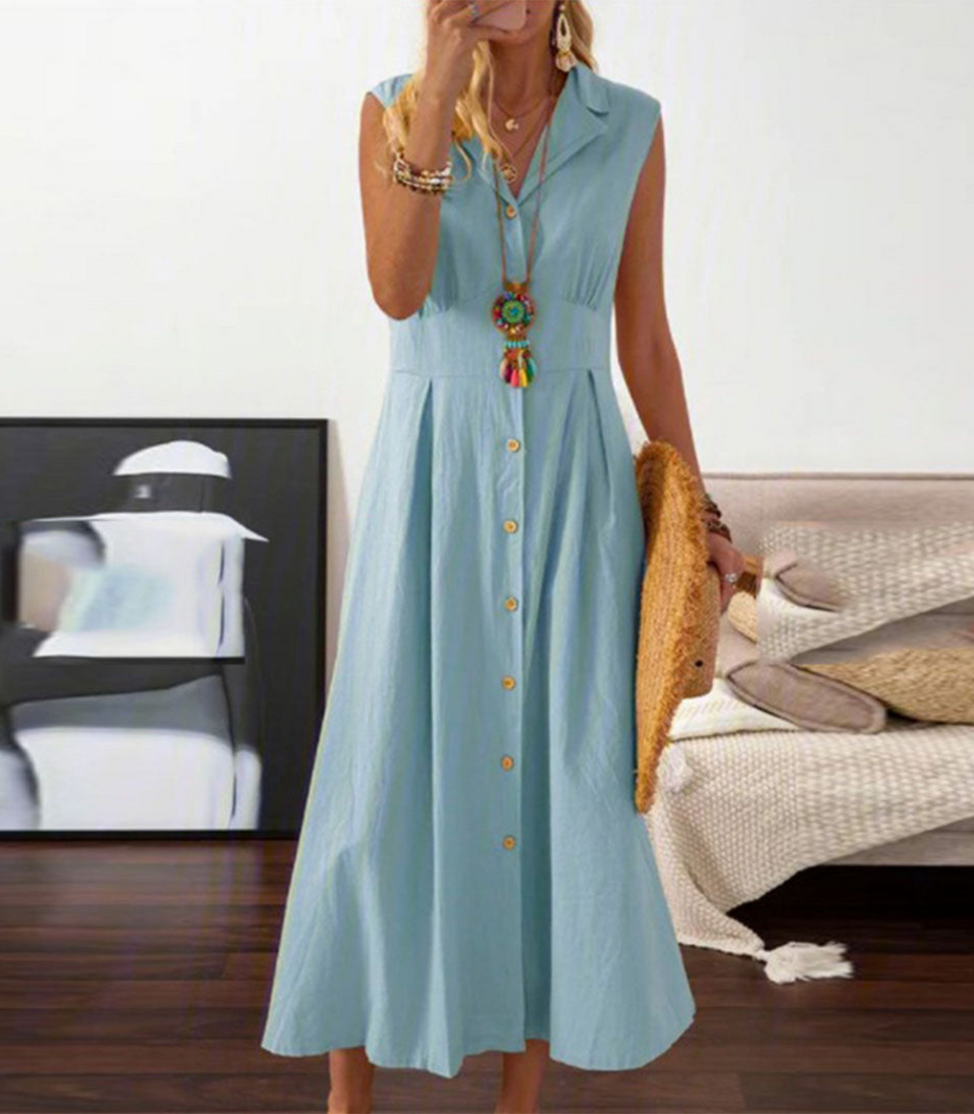 Damen ärmelloses Midikleid mit Knopfleiste für den Sommer