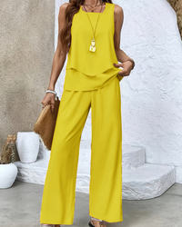 Damen Weitbeiniger Freizeit Zweiteiler | Ärmelloses Oberteil & Hose Set in Gelb