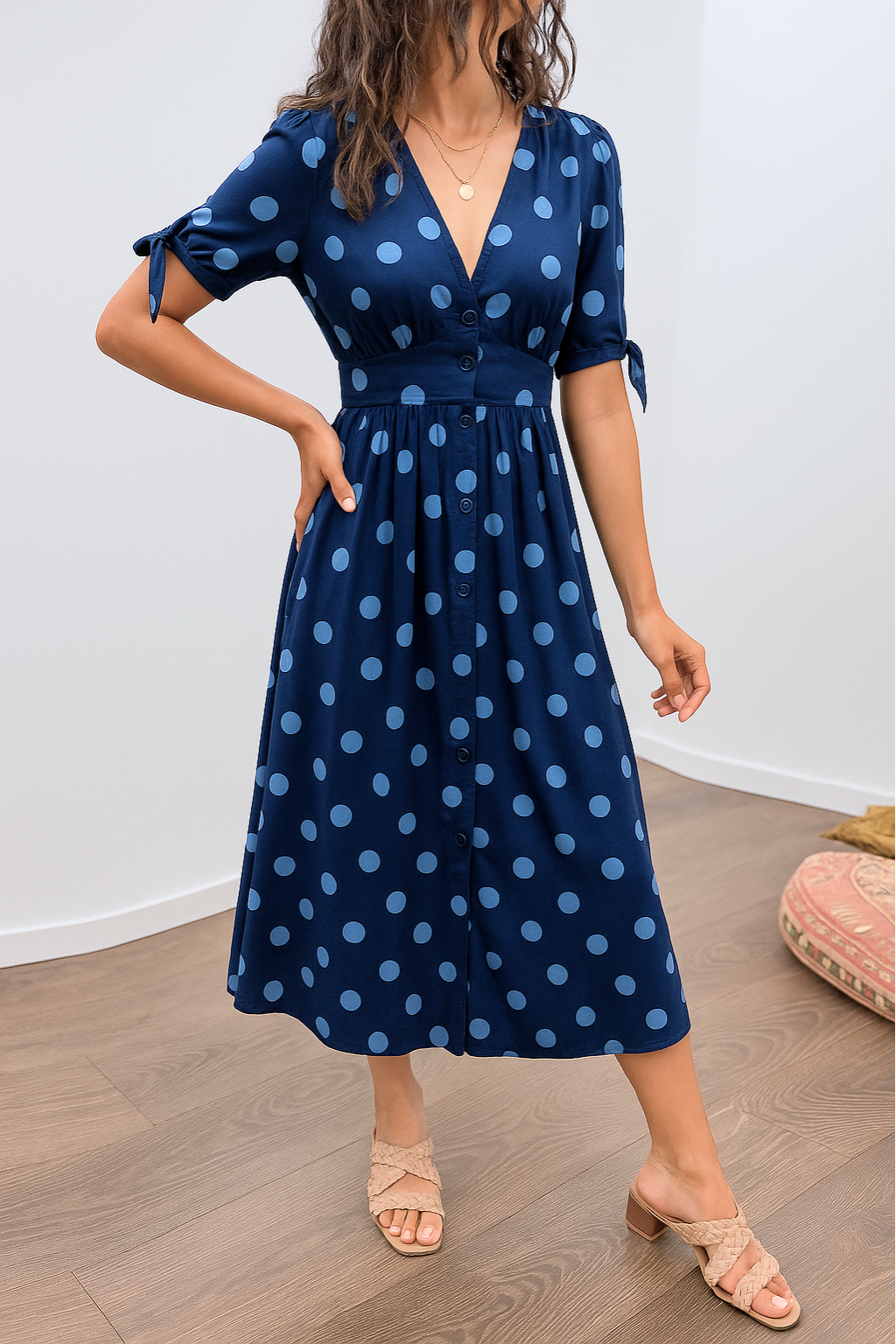 Aleksandra - Elegant Polka Dot Dress with V-neck