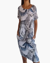 Damen T-Shirt Kleid | Lockeres Sommerkleid mit Print in Weiß und blau