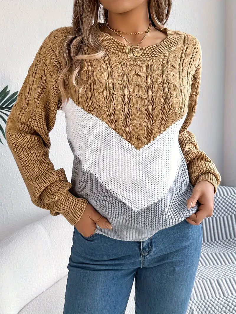 ELEGANTER ZWEIFARBIGER RUNDEHALS-PULLOVER | MODERNER STIL, KOMFORTABEL, VIELSEITIG