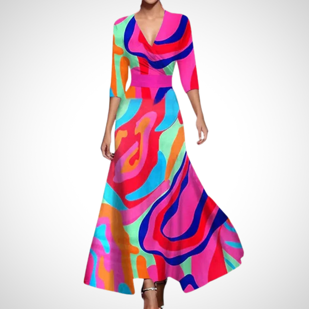 Damen Maxi Kleid mit V-Ausschnitt und drei Viertel-Ärmeln