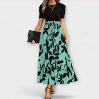 Luna - Floral Printed Summer Dress with Round Neckline in Dunkelgrün