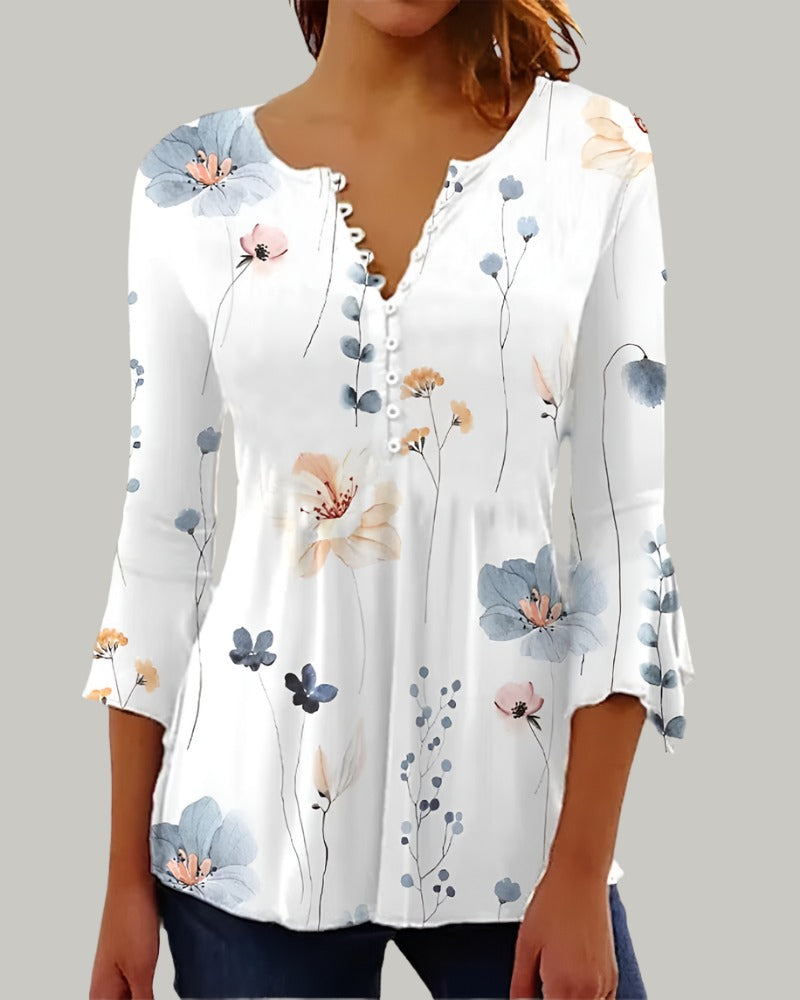 Elizabeth - Elegante Henley-Bluse mit Blumendruck | Schicke Bluse mit Henley-Ausschnitt und floralem Design