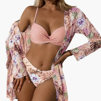 3-teiliges Damen-Bikini-Set - mit Kimono und High-Waist-Hose in Rosa