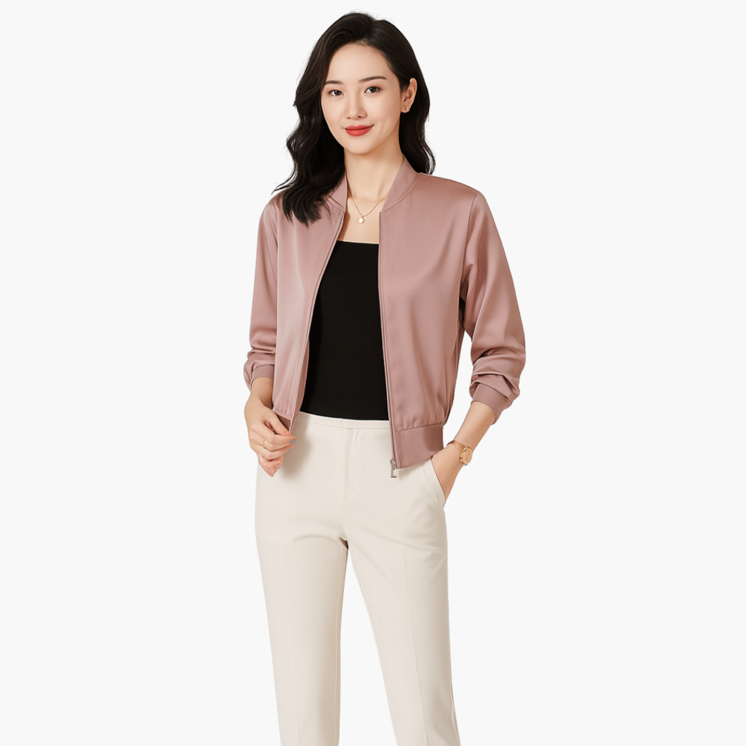 Damen Bomberjacke aus Satin mit Reißverschluss vorne