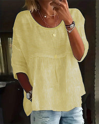 Abigail - Lässige, gestreifte Bluse mit lockerer Passform und Knopfleiste für Damen | Gestreifte Bluse mit Rundhalsausschnitt und halblangen Ärmeln in Gold
