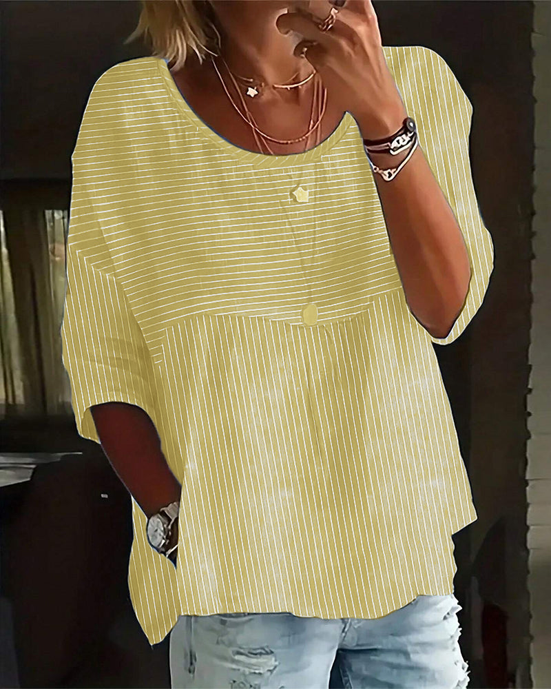 Abigail - Lässige, gestreifte Bluse mit lockerer Passform und Knopfleiste für Damen | Gestreifte Bluse mit Rundhalsausschnitt und halblangen Ärmeln