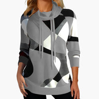 Damen Kapuzen pullover mit geometrischem Print, Kordelzug und langen Ärmeln in Grau